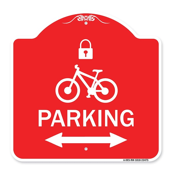 Parking W/ Lock Cycle & Bidirectional Arrow, Red & White Aluminum Sign, 18" x 18", RW-1818-23475